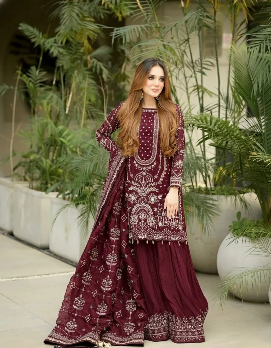 Maroon Pakistani Sharara Salwar Set