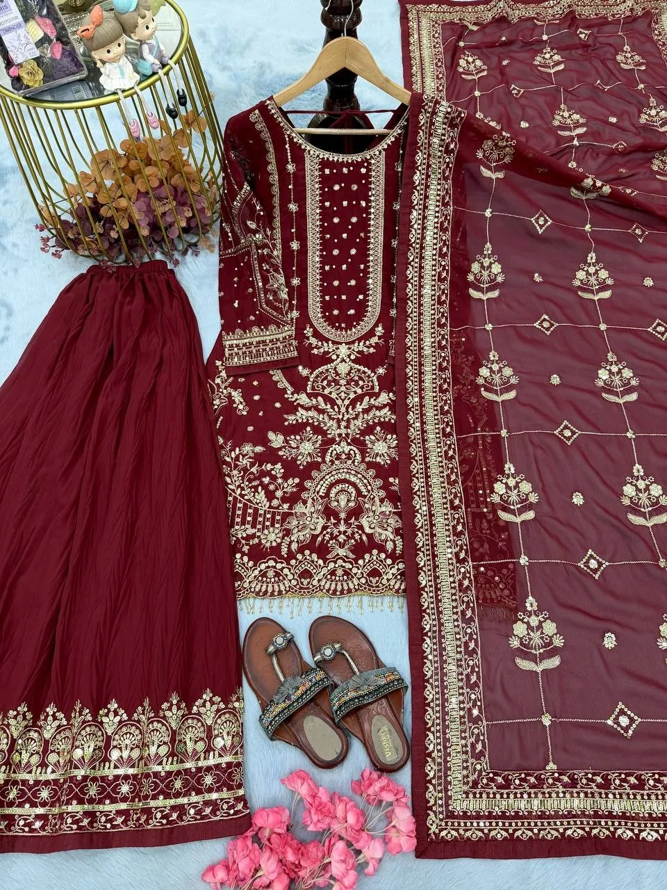 Maroon Pakistani Sharara Salwar Set - Image 2