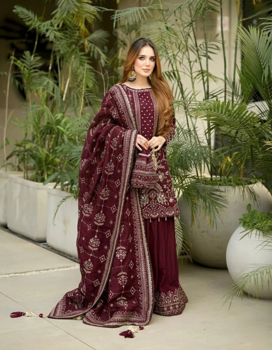 Maroon Pakistani Sharara Salwar Set - Image 4