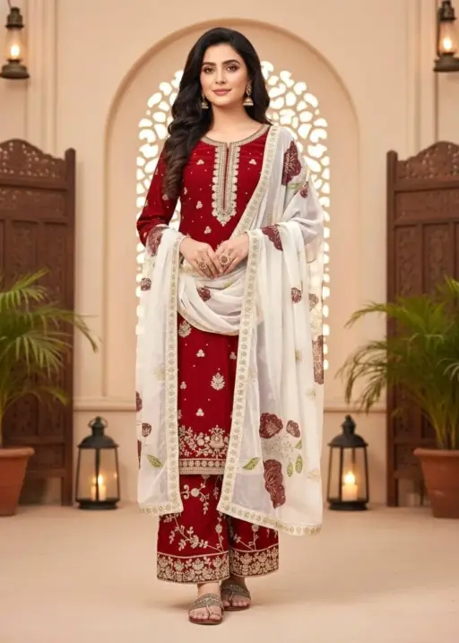 Maroon Readymade Pakistani Sharara Suit Set