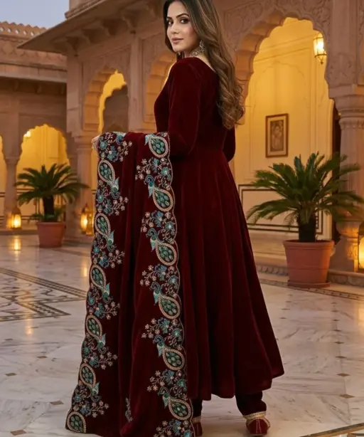 Maroon Velvet Gown with Heavy Dupatta