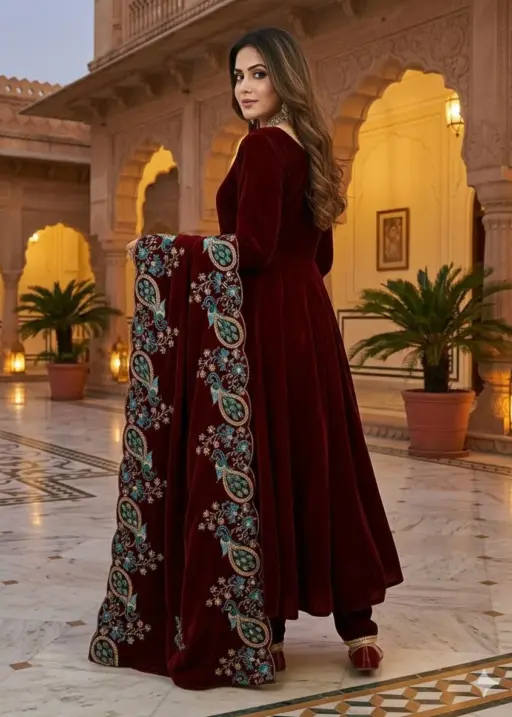 Maroon Velvet Gown with Heavy Dupatta