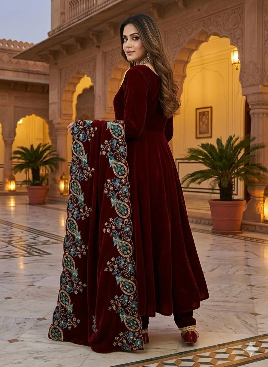 Maroon Velvet Gown with Heavy Dupatta