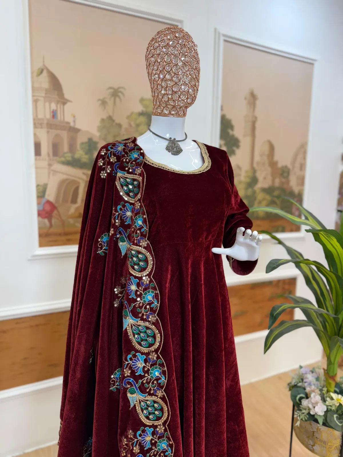 Maroon Velvet Gown with Heavy Dupatta - Image 2