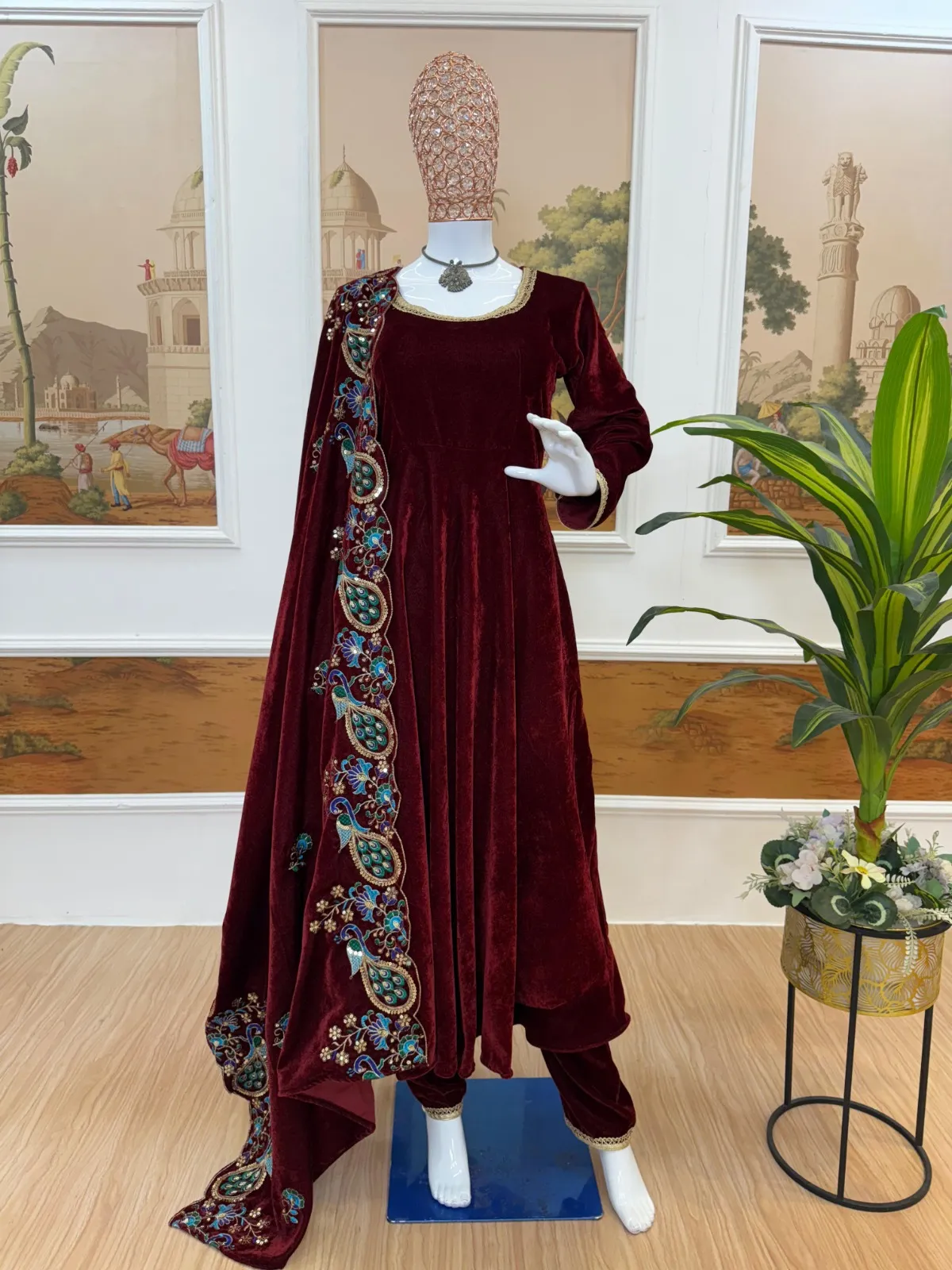 Maroon Velvet Gown with Heavy Dupatta - Image 3