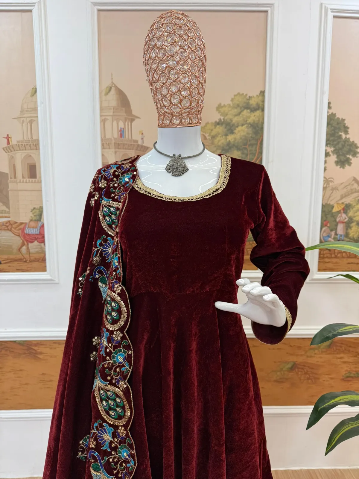 Maroon Velvet Gown with Heavy Dupatta - Image 4