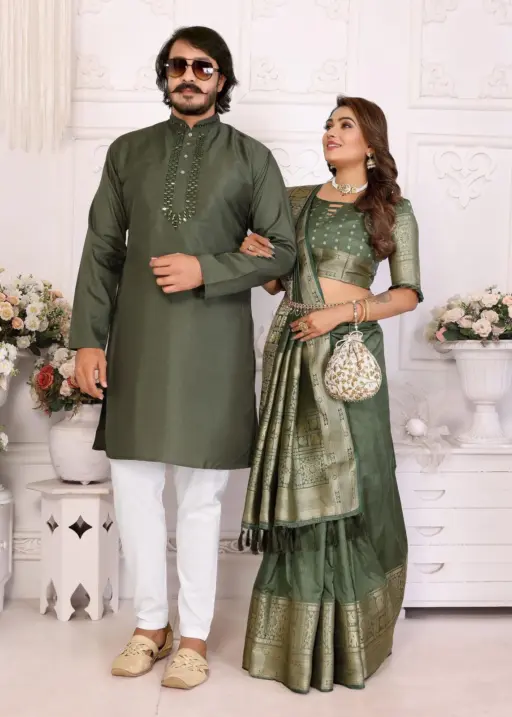 Mehendi Color Couple Combo Saree with Kurta