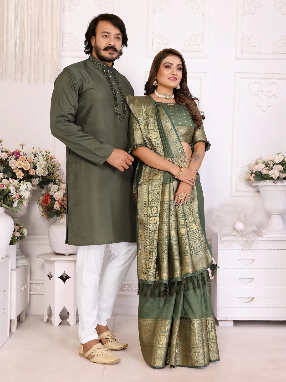 Mehendi Color Couple Combo Saree with Kurta - Image 2