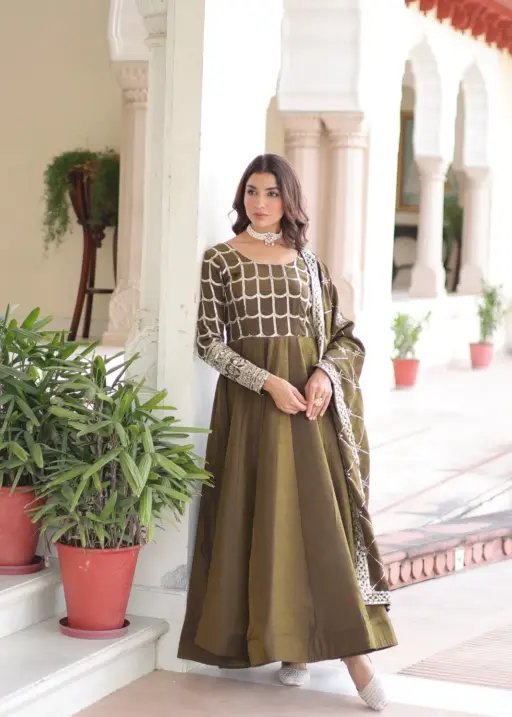 Mehendi Color Gown Dupatta for Haldi Function