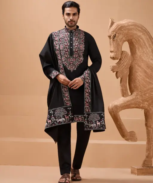 Mens Embroidery Kurta with Dupatta Black