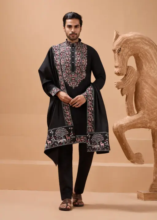 Mens Embroidery Kurta with Dupatta Black