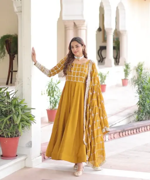 Mustard Color Gown Dupatta for Haldi Ceremony