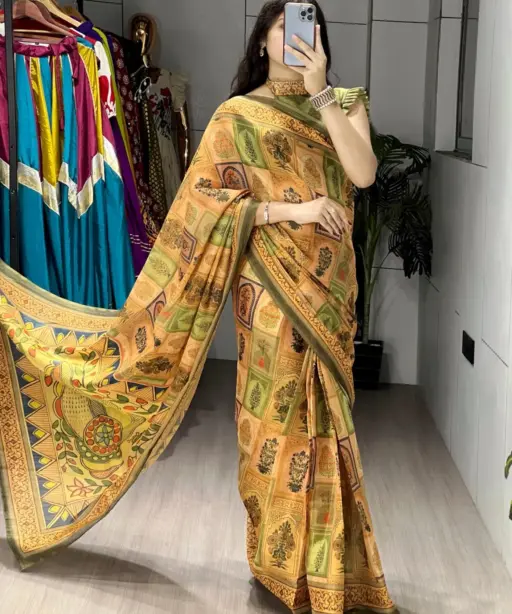 Mustard Printed Saree Under1000 Rs