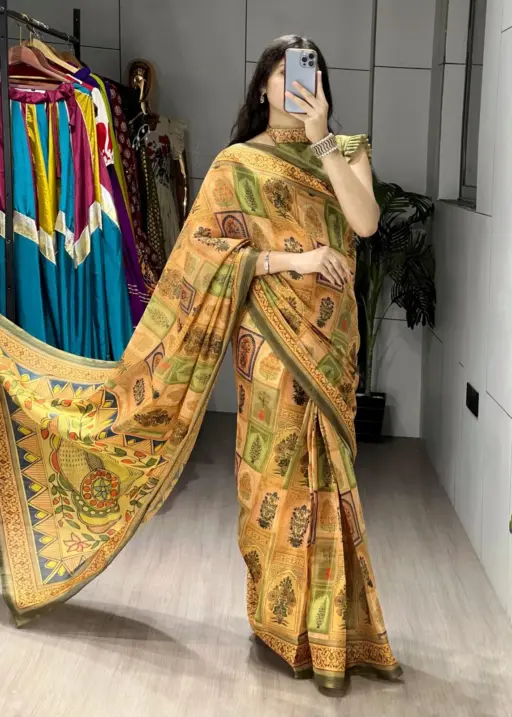 Mustard Printed Saree Under1000 Rs