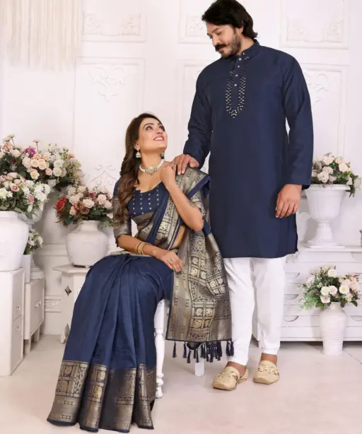 Navy Blue Color Couple Combo Saree with Kurta Design