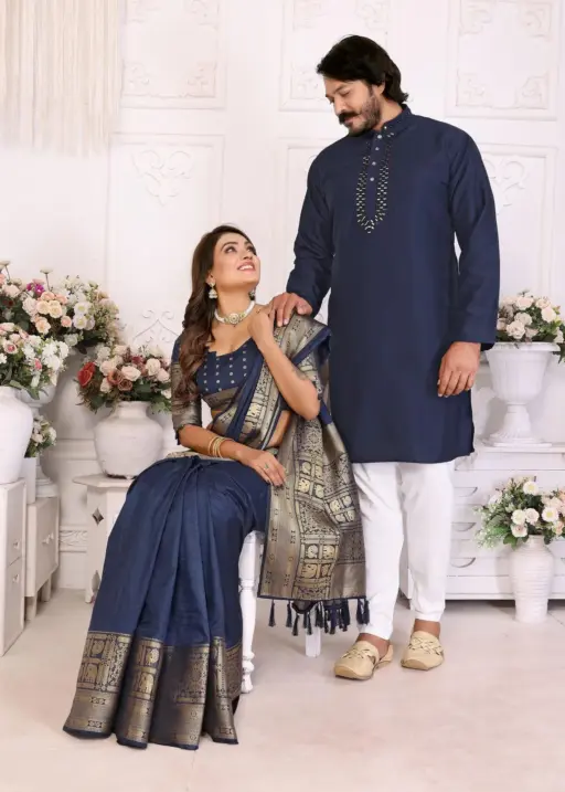 Navy Blue Color Couple Combo Saree with Kurta Design