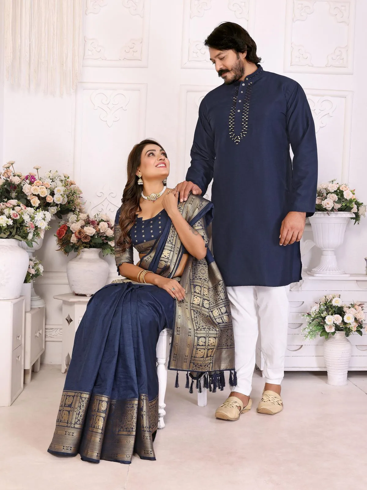 Navy Blue Color Couple Combo Saree with Kurta Design