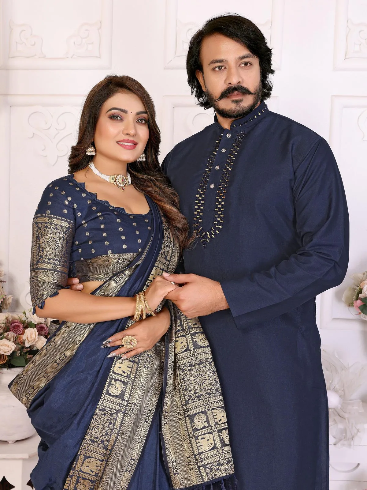 Navy Blue Color Couple Combo Saree with Kurta Design - Image 2