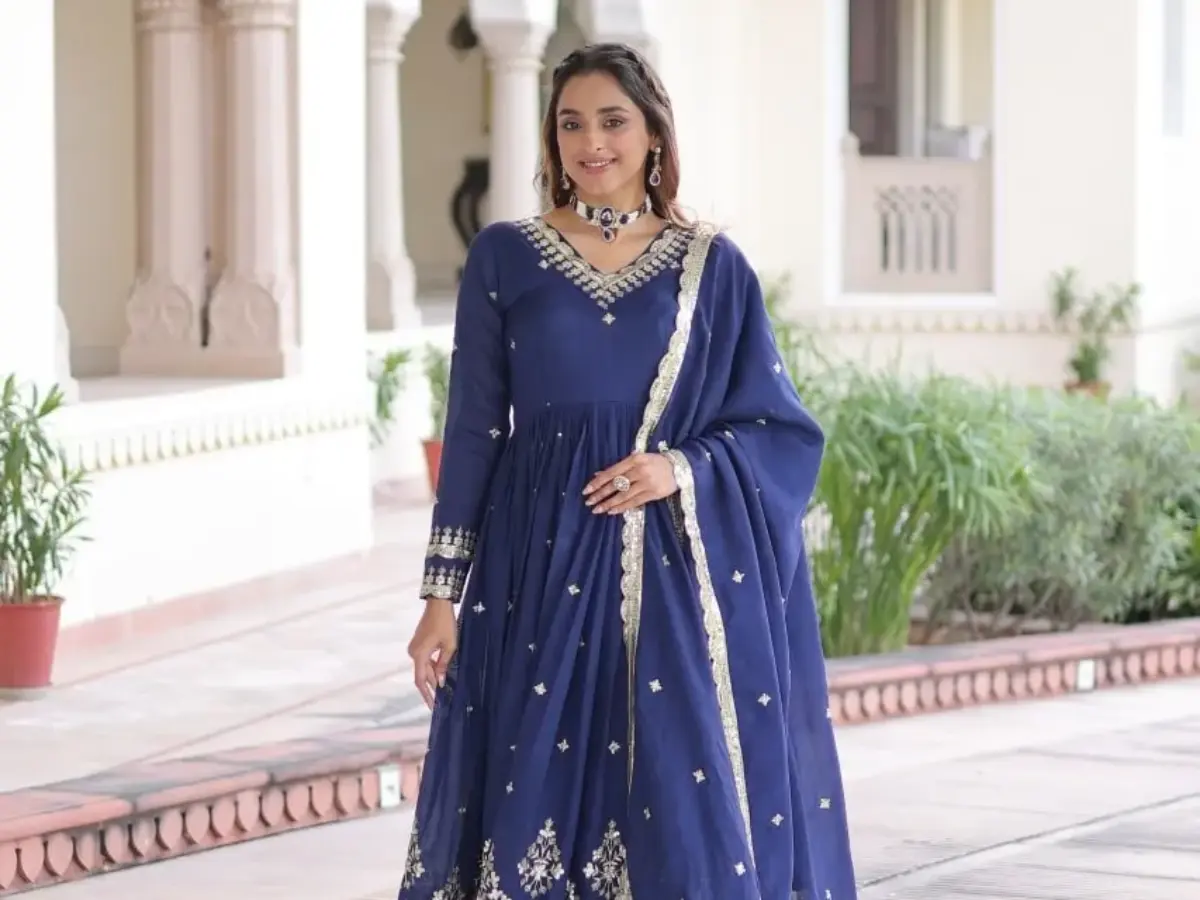 Navy Blue Premium Anarkali Dress with Dupatta - Ethnic Suits