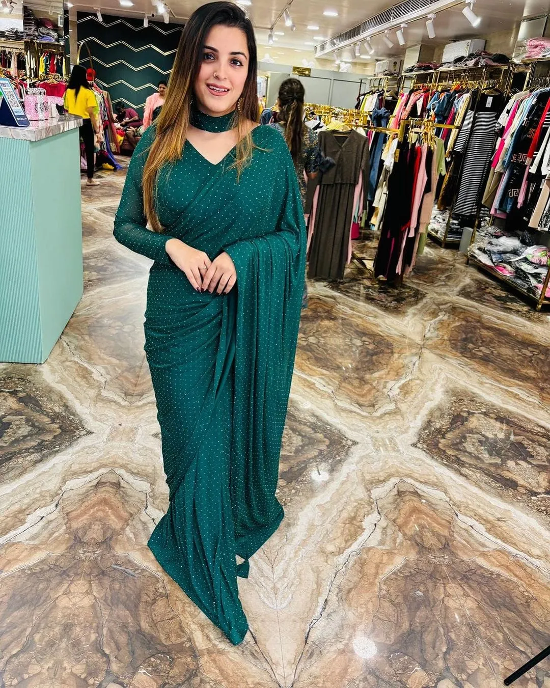 Night Party Wear Readymade Sarees Green - Image 2