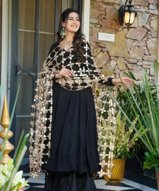 Black Gown with Viral Net Dupatta Heavy