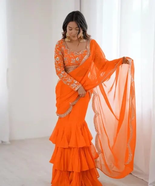Orange Lehenga Saree with Embroidery Blouse