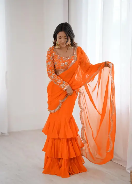 Orange Lehenga Saree with Embroidery Blouse