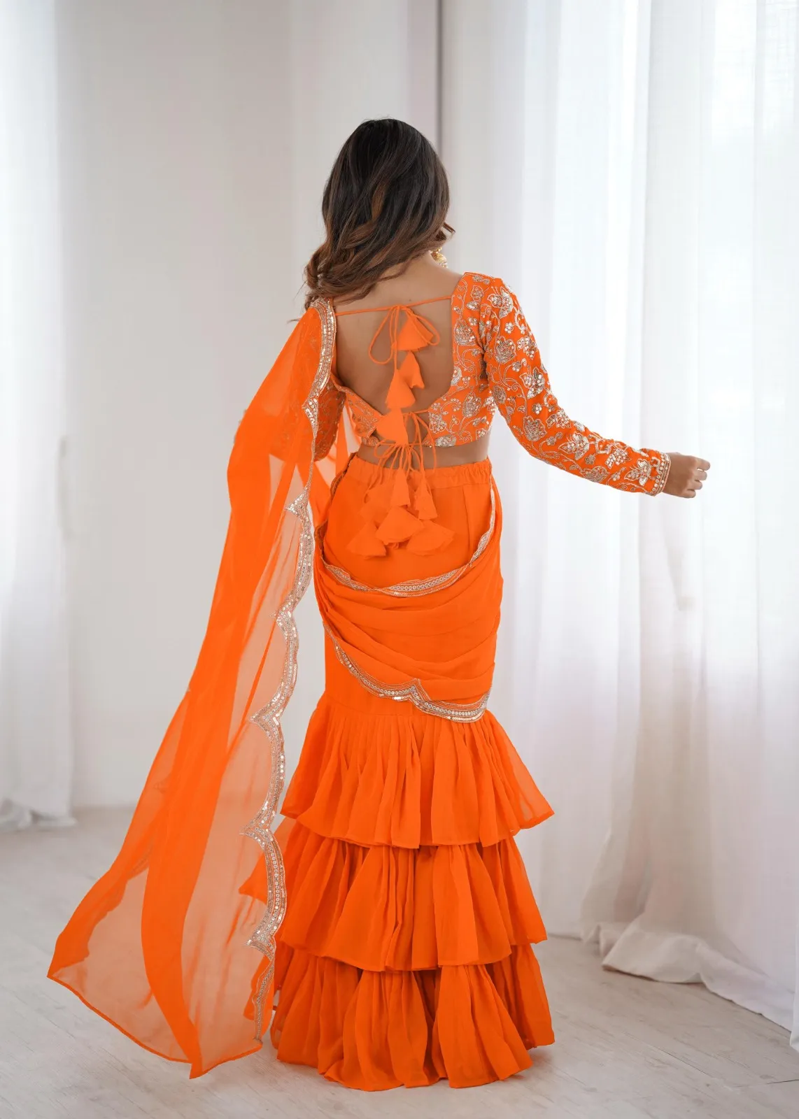 Orange Lehenga Saree with Embroidery Blouse - Image 2