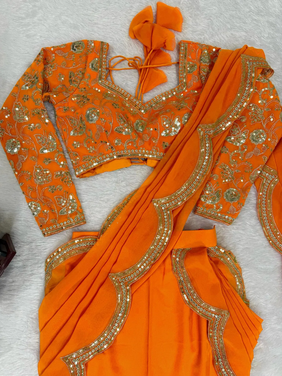 Orange Lehenga Saree with Embroidery Blouse - Image 3