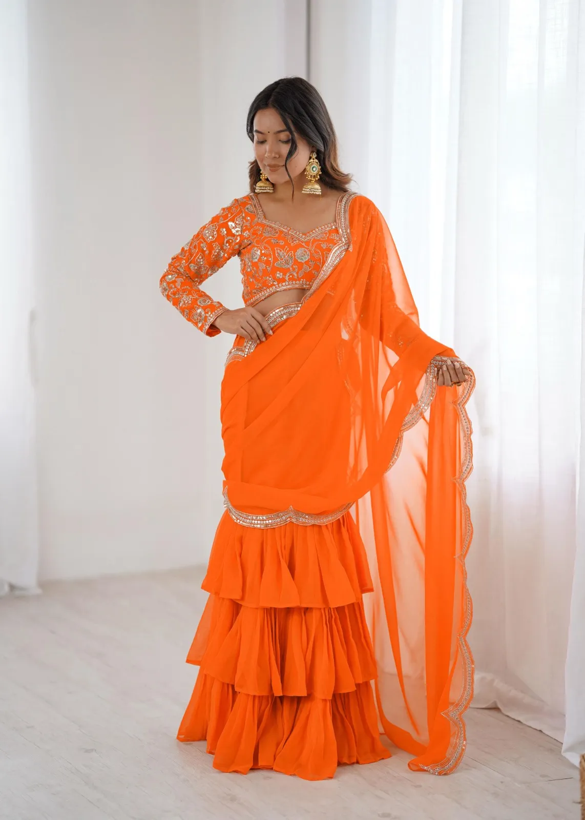 Orange Lehenga Saree with Embroidery Blouse - Image 4
