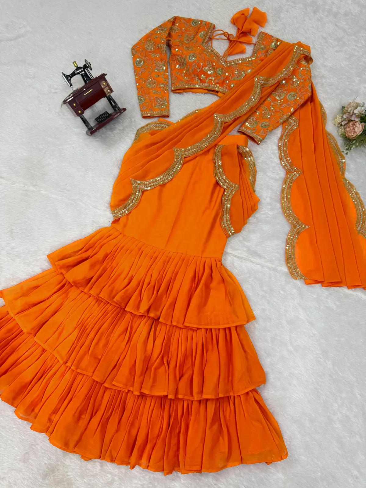 Orange Lehenga Saree with Embroidery Blouse - Image 5