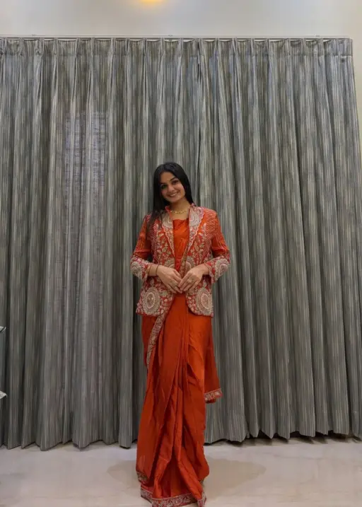 Orange Readymade Saree with Koti
