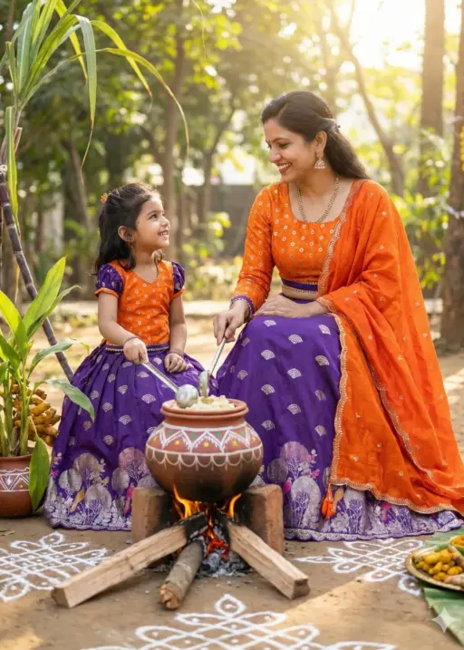 Pongal Special Mother Daughter Duo Purple Lehenga Set