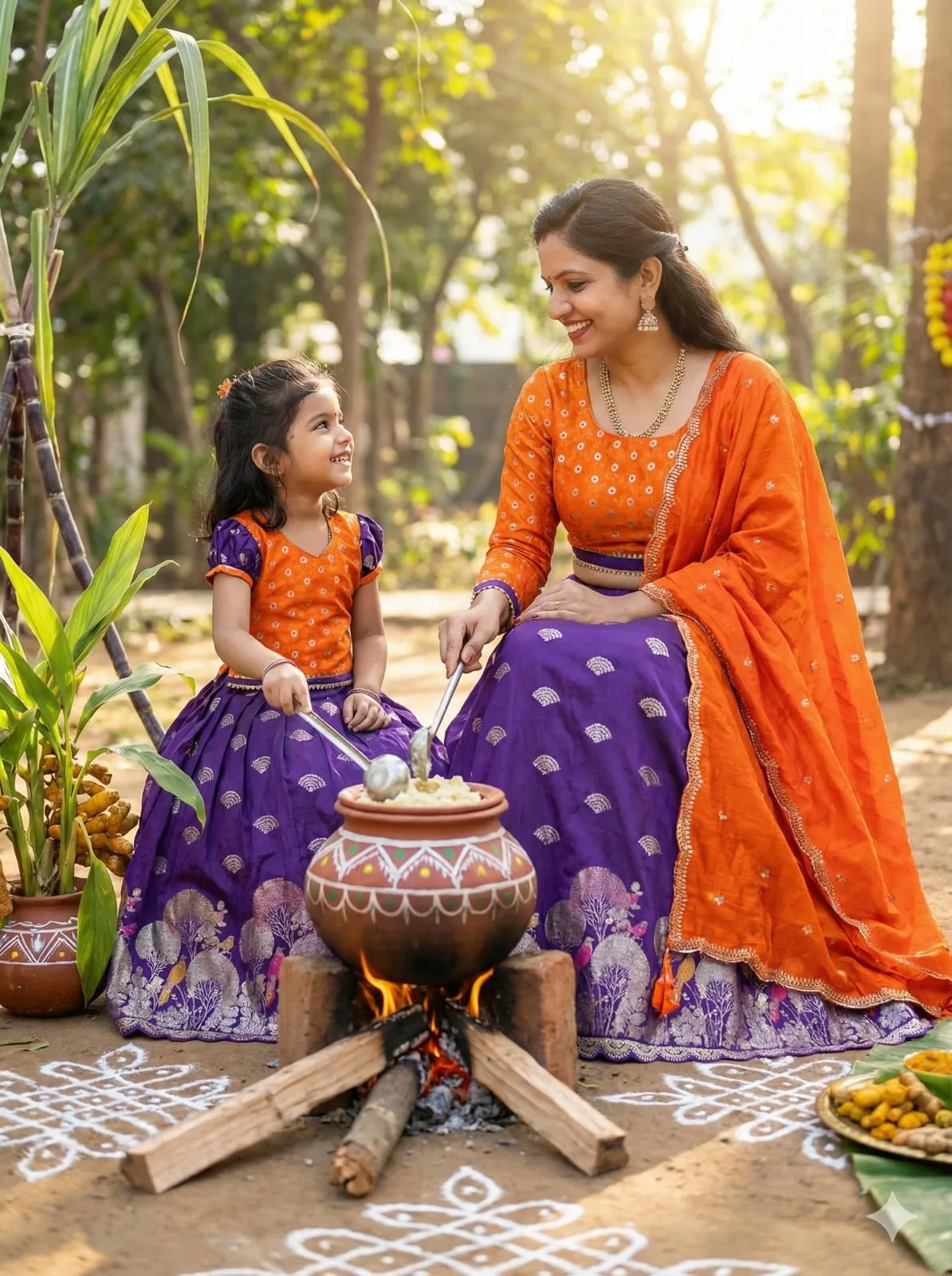 Pongal Special Mother Daughter Duo Purple Lehenga Set