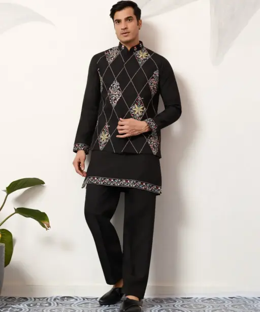 Premium Black Mens Short Kurta with Modi Koti