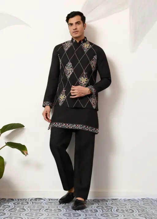 Premium Black Mens Short Kurta with Modi Koti