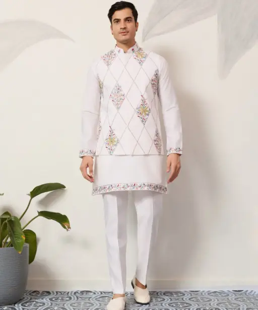 Premium Mens Short Kurta with Modi Koti in White