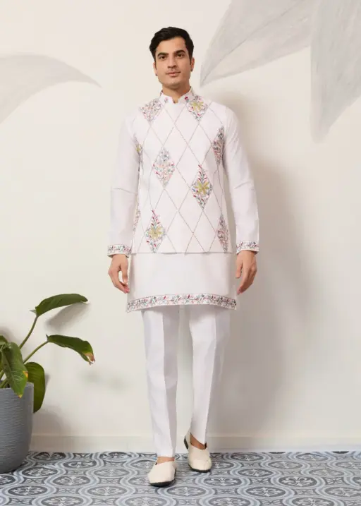 Premium Mens Short Kurta with Modi Koti in White