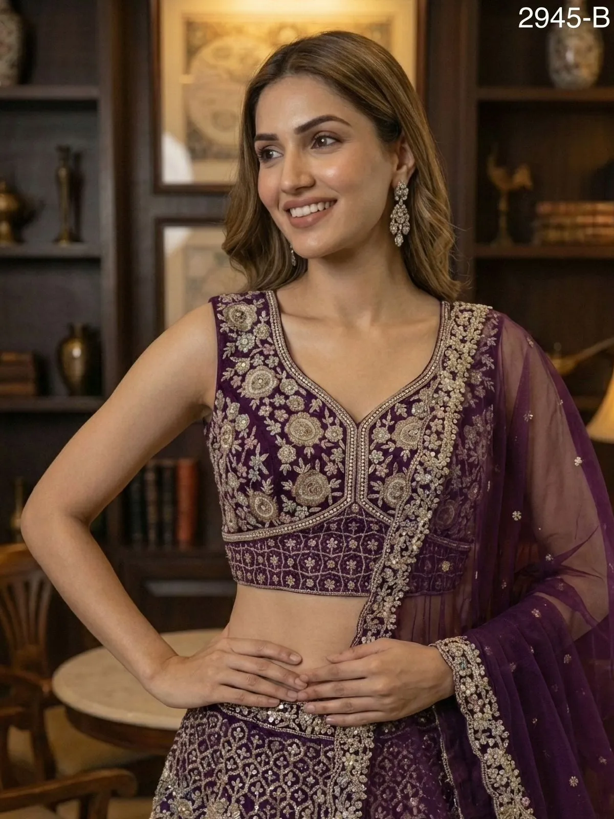 Premium Purple Color Bridal Net Lehenga Choli - Image 3