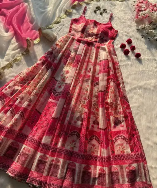 Prettiest Printed Cherry Red Ethnic Anarkali Gown