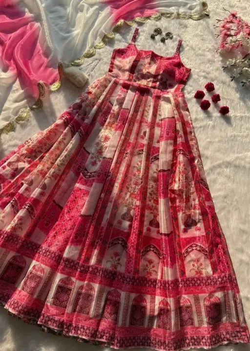 Prettiest Printed Cherry Red Ethnic Anarkali Gown
