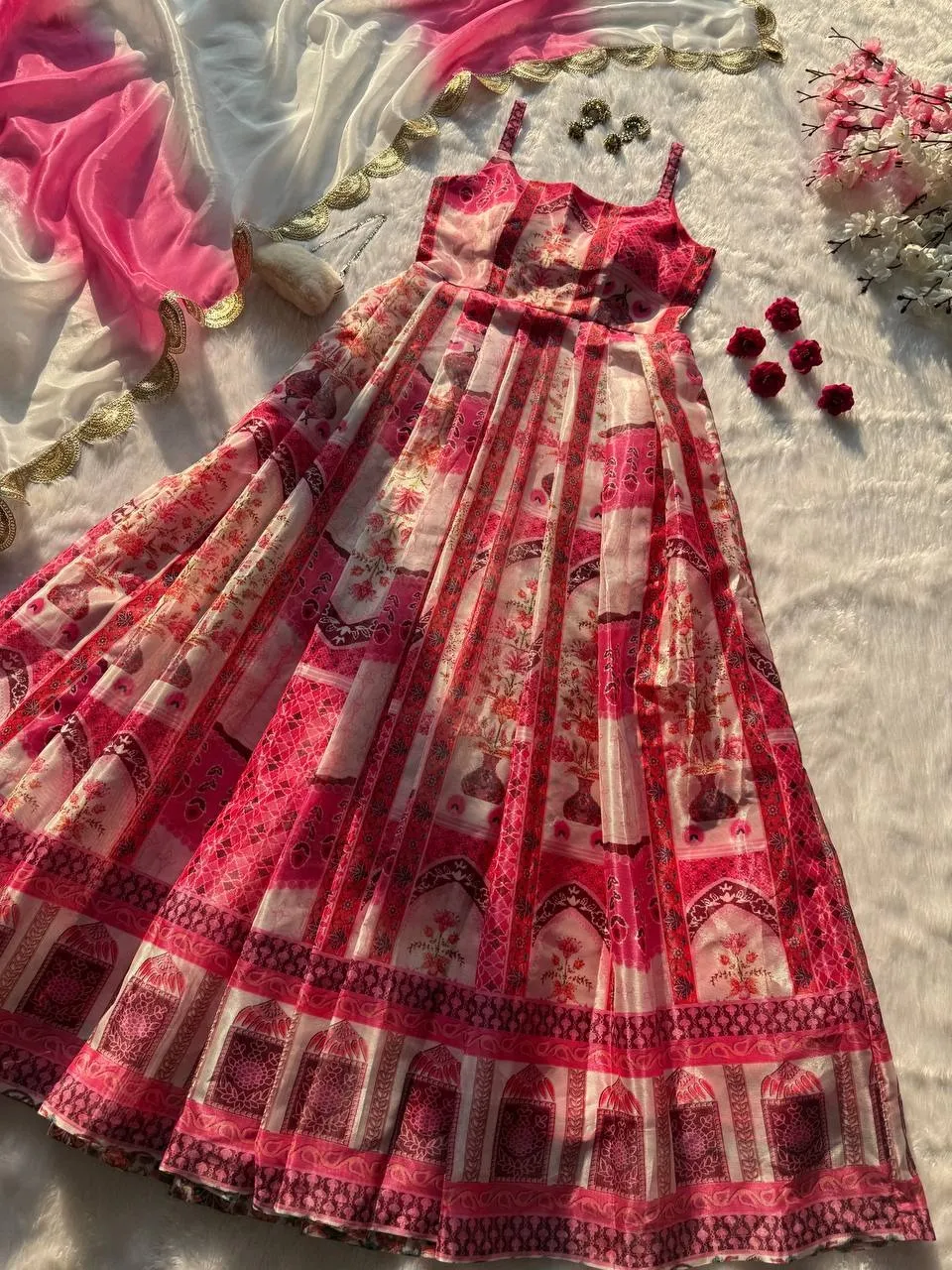 Prettiest Printed Cherry Red Ethnic Anarkali Gown