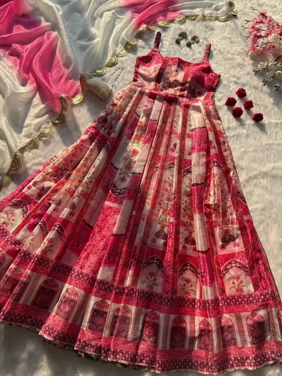Prettiest Printed Cherry Red Ethnic Anarkali Gown - Image 4