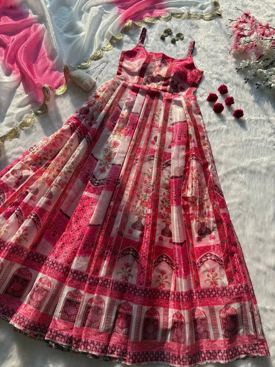 Prettiest Printed Cherry Red Ethnic Anarkali Gown - Image 5