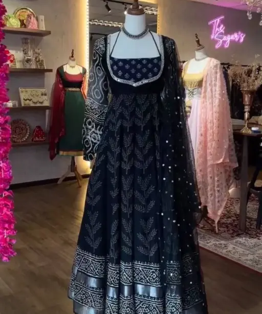Printed Black Anarkali Gown Set