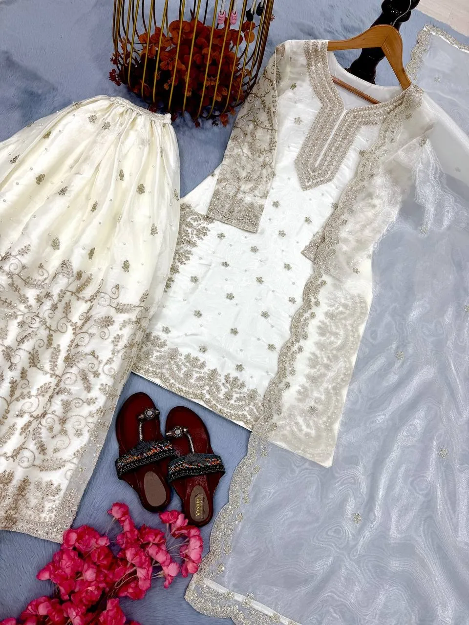 Pure White Pearl Work Pakistani Kurti Set - Image 2