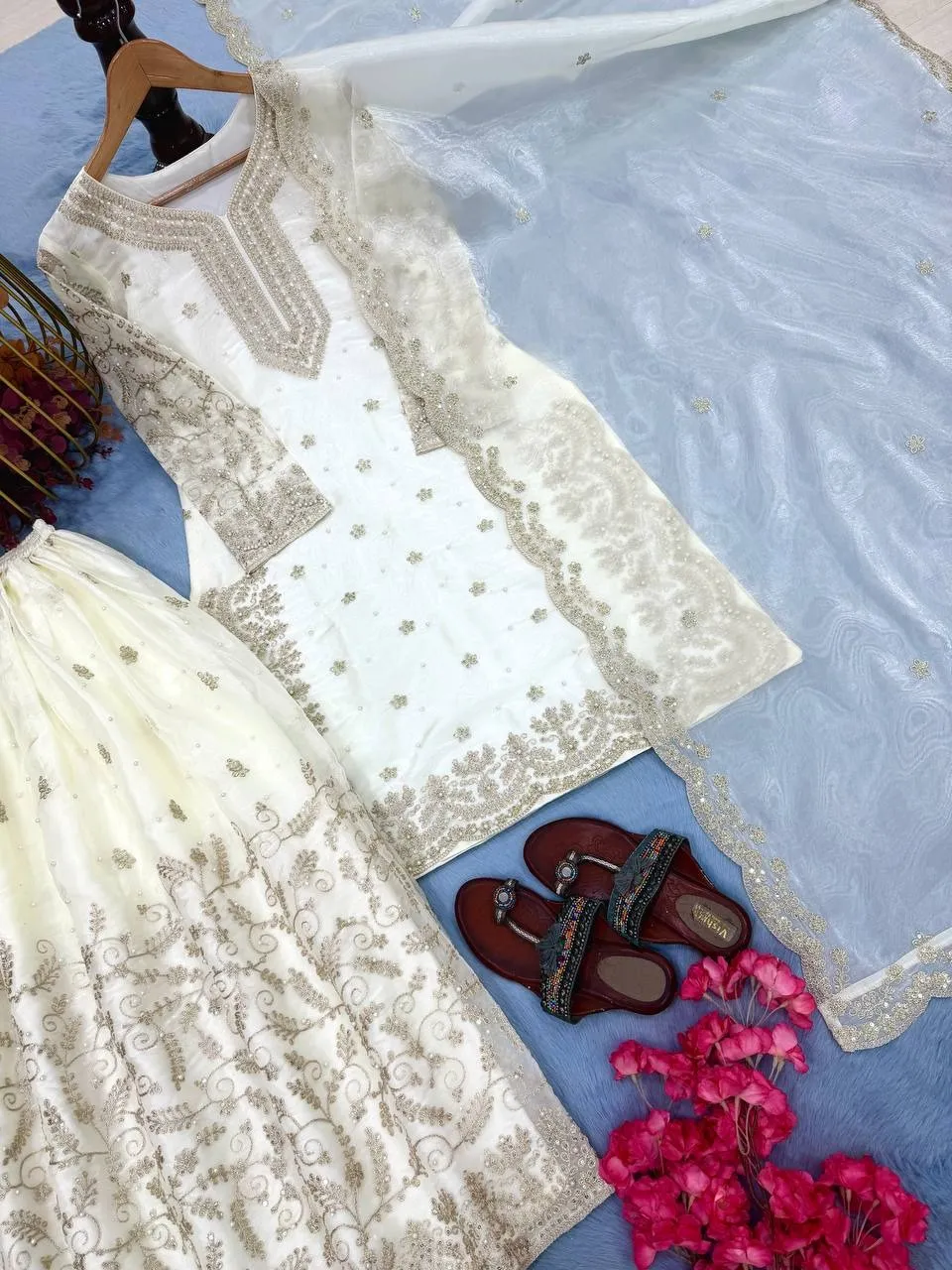 Pure White Pearl Work Pakistani Kurti Set - Image 3
