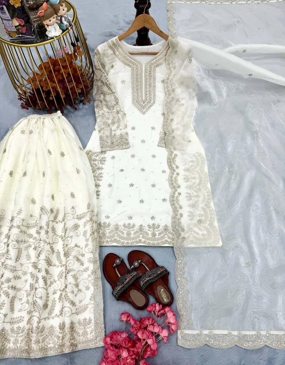 Pure White Pearl Work Pakistani Kurti Set - Image 4