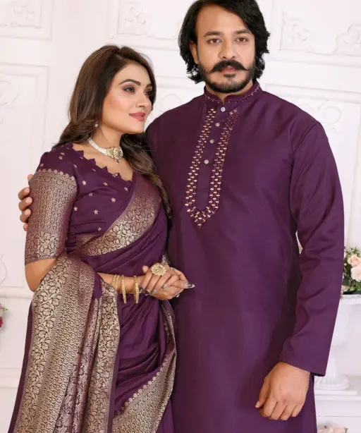 Purple Color Silk Saree with Kurta Couple Combo