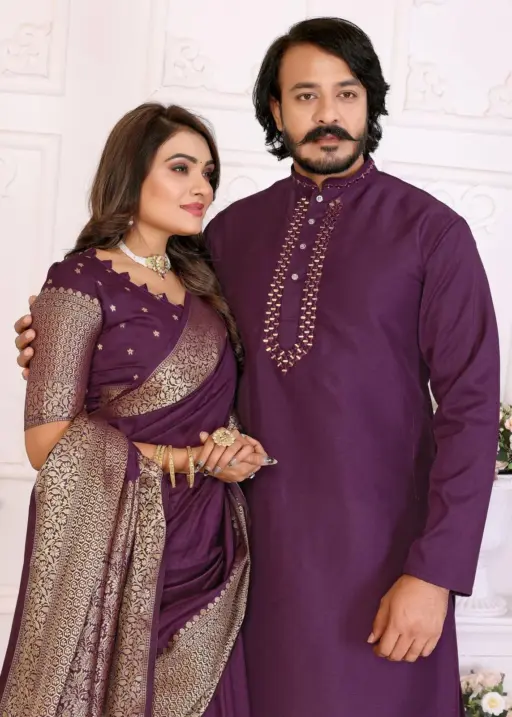 Purple Color Silk Saree with Kurta Couple Combo
